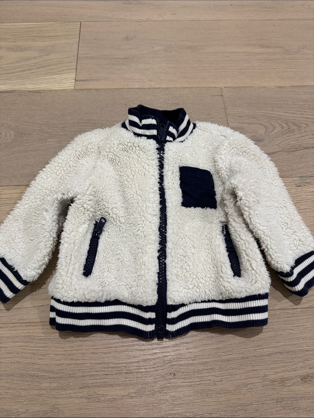 Janie and Jack Cream Sherpa Jacket with Navy Trim